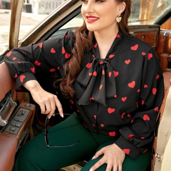 Tops - NWOT blouse in a silky black with beautiful red hearts ♥️ & a fun bow Plus sized
